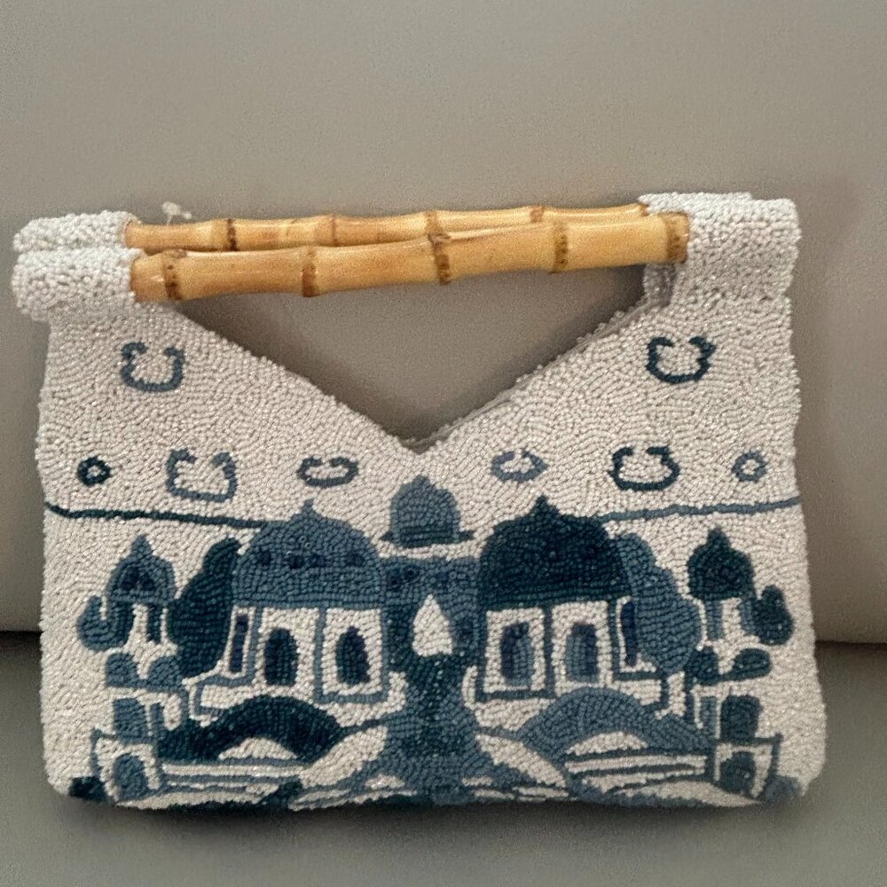 Handcrafted in India Beaded Bag Bamboo Handles Santorini Greece NWT